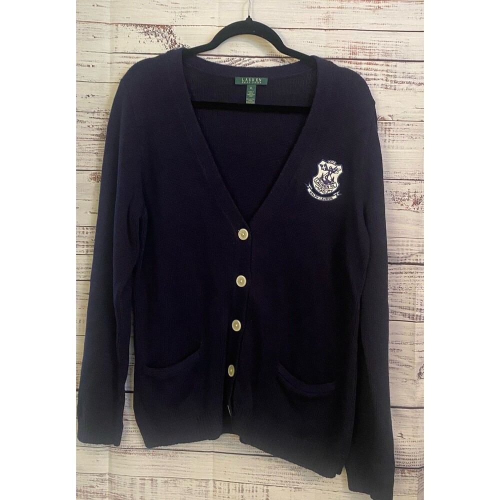 Ralph Lauren Women’s Navy Blue Crest Cardigan Sweater XL Nautical Logo Vintage